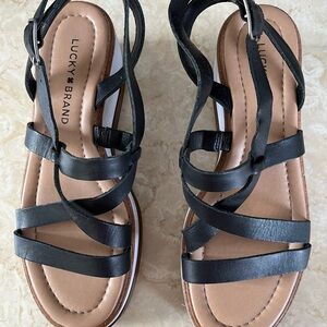 Lucky Brand Black Platform Sandals with Leather Straps‎